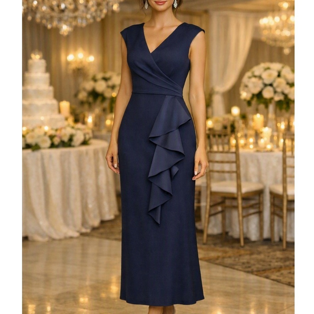 Jessica Howard Navy Blue Ruffle Side V-Neck Evening Gown Dress Size 4 Formal